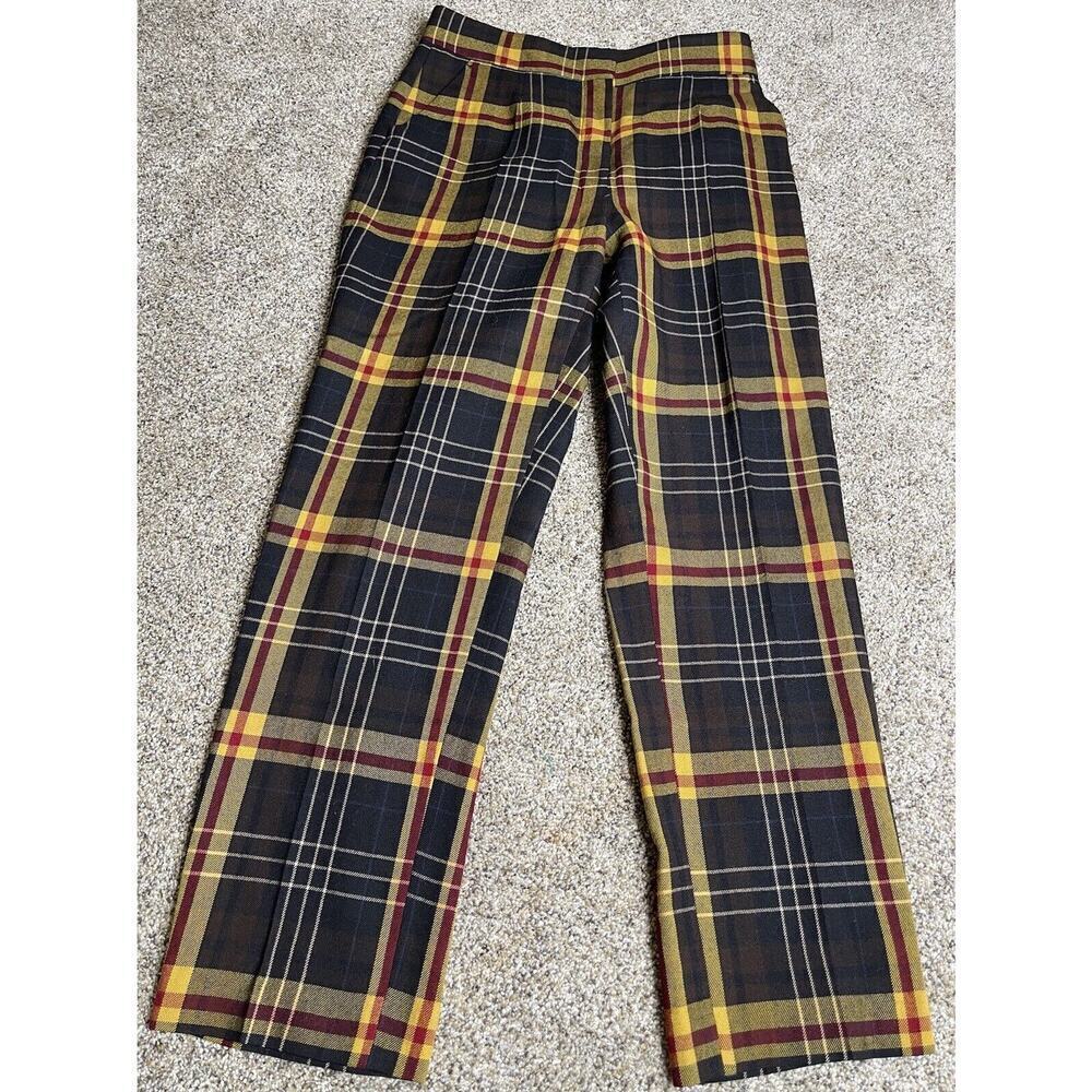 Etro Womens High Rise Plaid Yellow Red Dress Pants Wool Size 30 Pleated